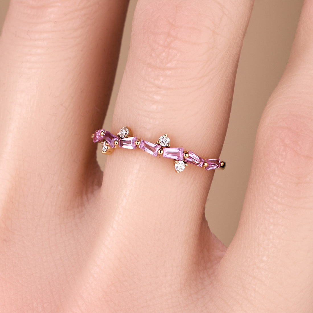 18K Rose Gold Natural Diamond and Pink Sapphire Stackable Ring - JewelryAndStore