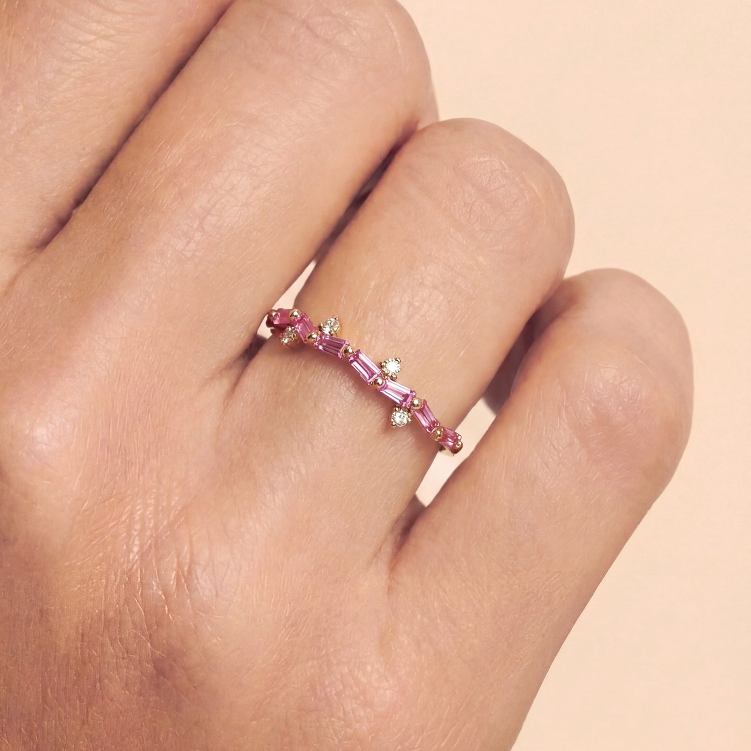 18K Rose Gold Natural Diamond and Pink Sapphire Stackable Ring - JewelryAndStore