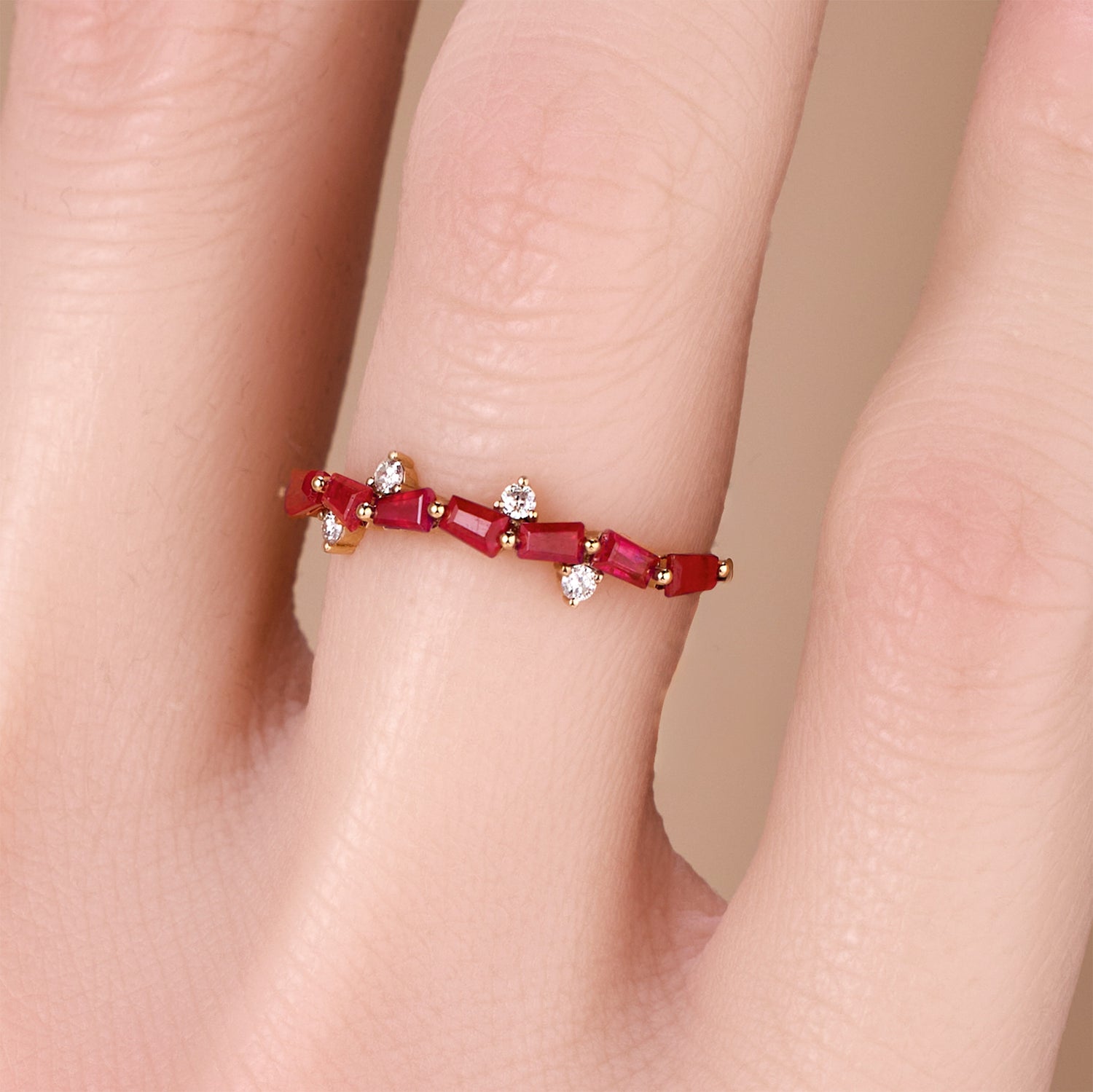 18K Rose Gold Natural Diamond and Ruby Stackable Ring - JewelryAndStore