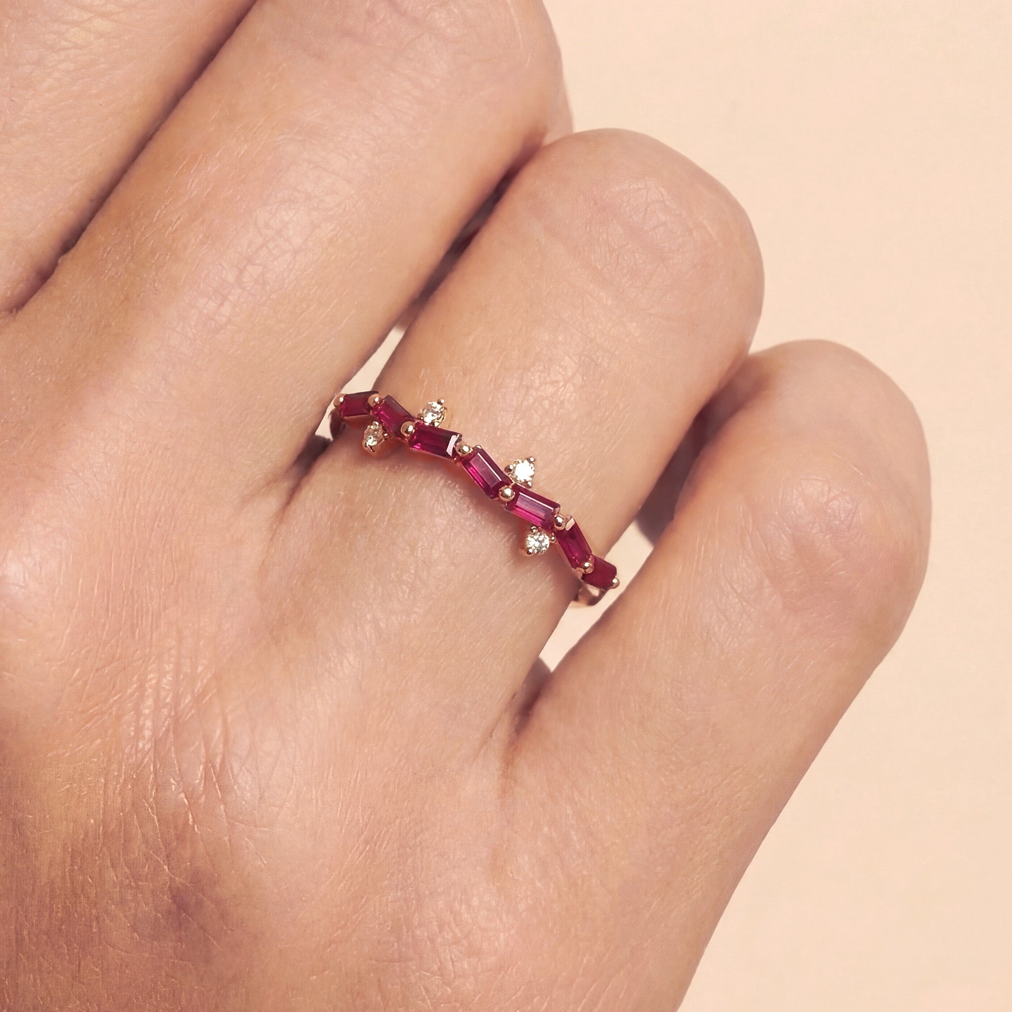 18K Rose Gold Natural Diamond and Ruby Stackable Ring - JewelryAndStore