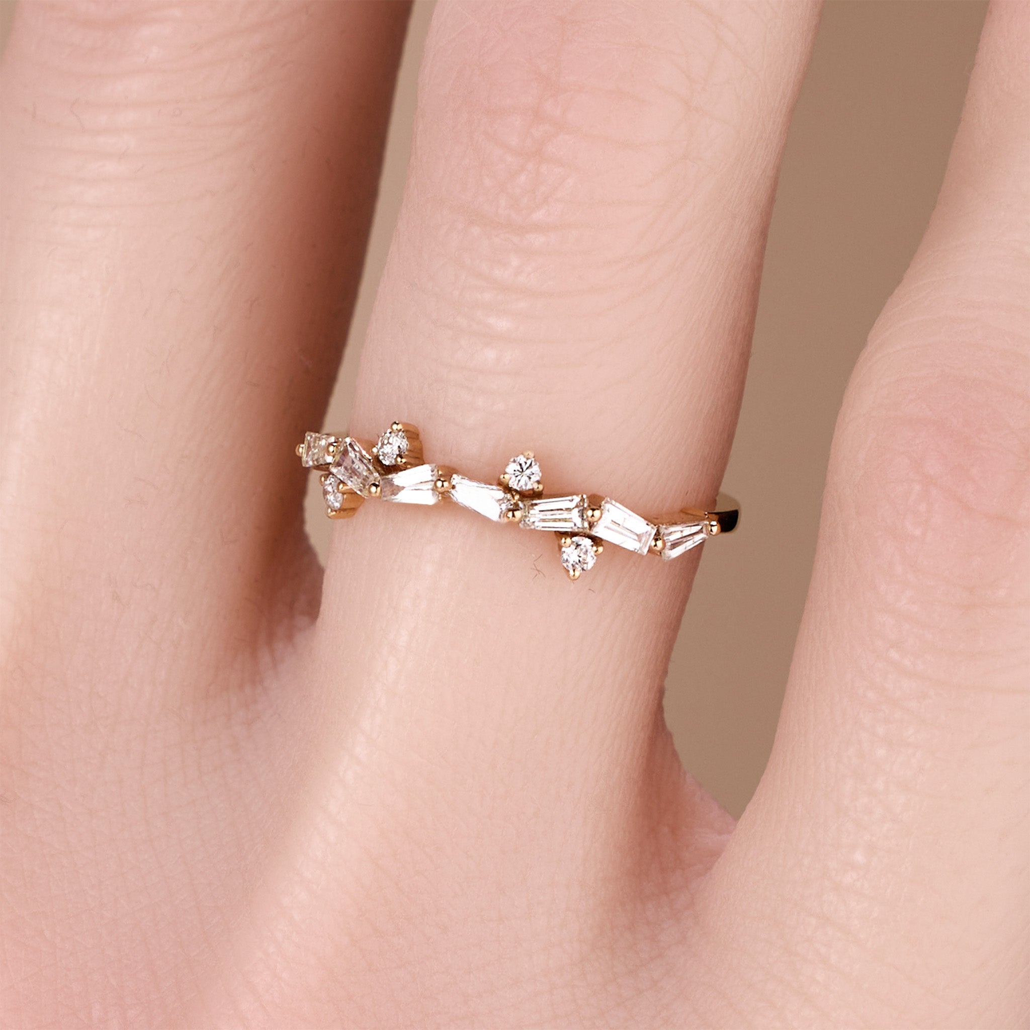 18K Rose Gold Natural Baguette Diamond Stackable Ring - JewelryAndStore