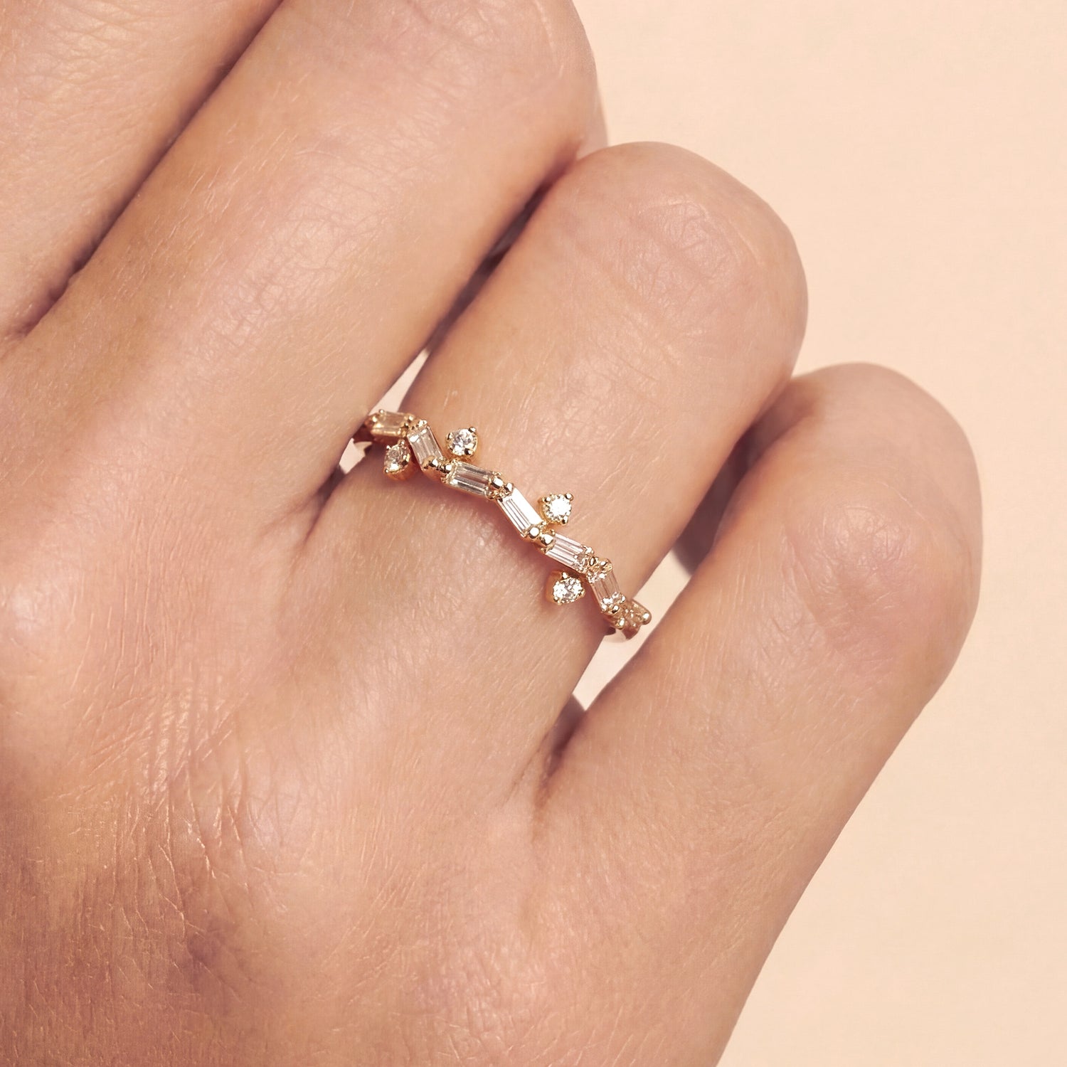 18K Rose Gold Natural Baguette Diamond Stackable Ring - JewelryAndStore