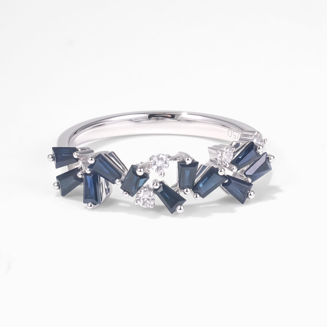 Natural Blue Sapphire and Diamond Band Ring in 18K White Gold - JewelryAndStore