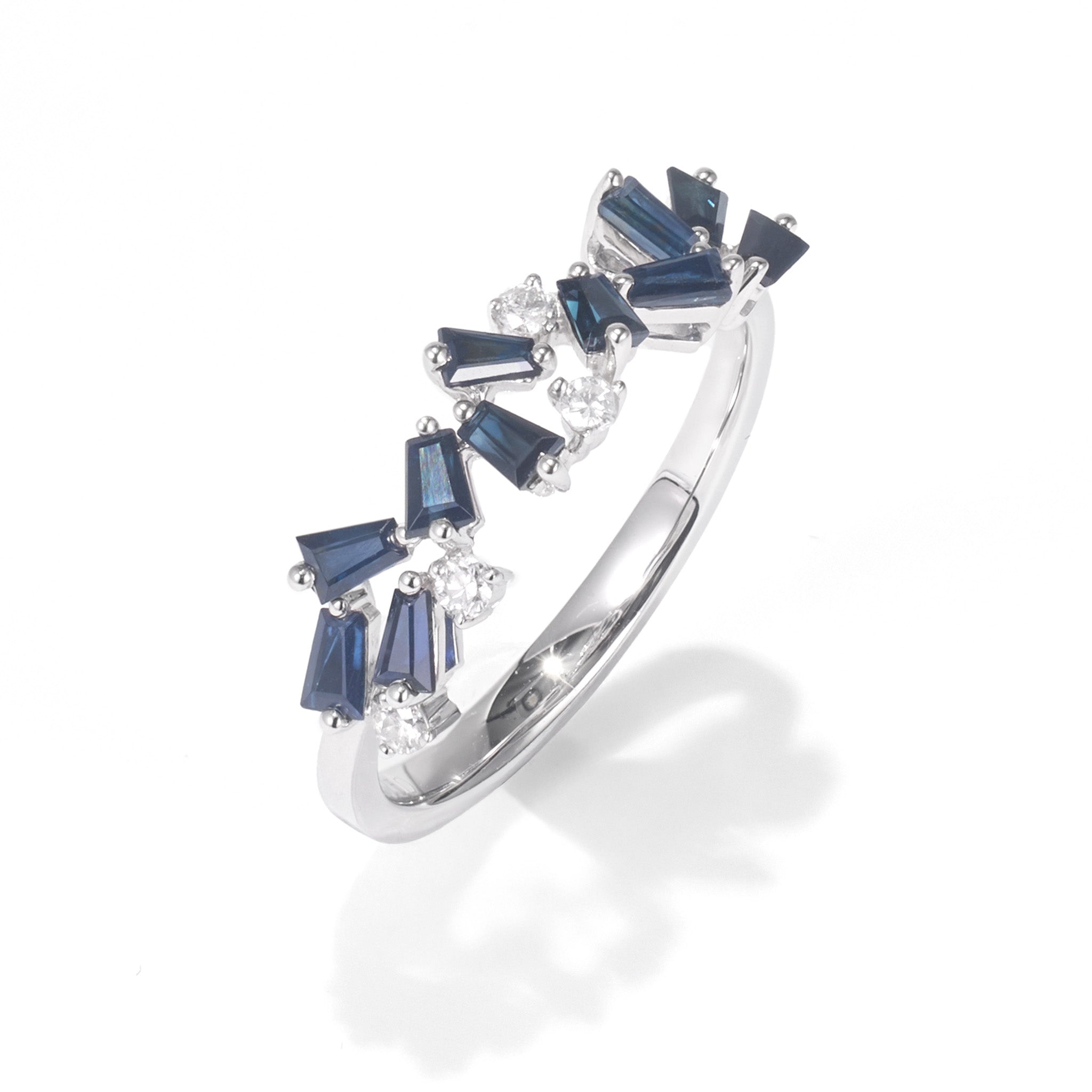 Natural Blue Sapphire and Diamond Band Ring in 18K White Gold - JewelryAndStore