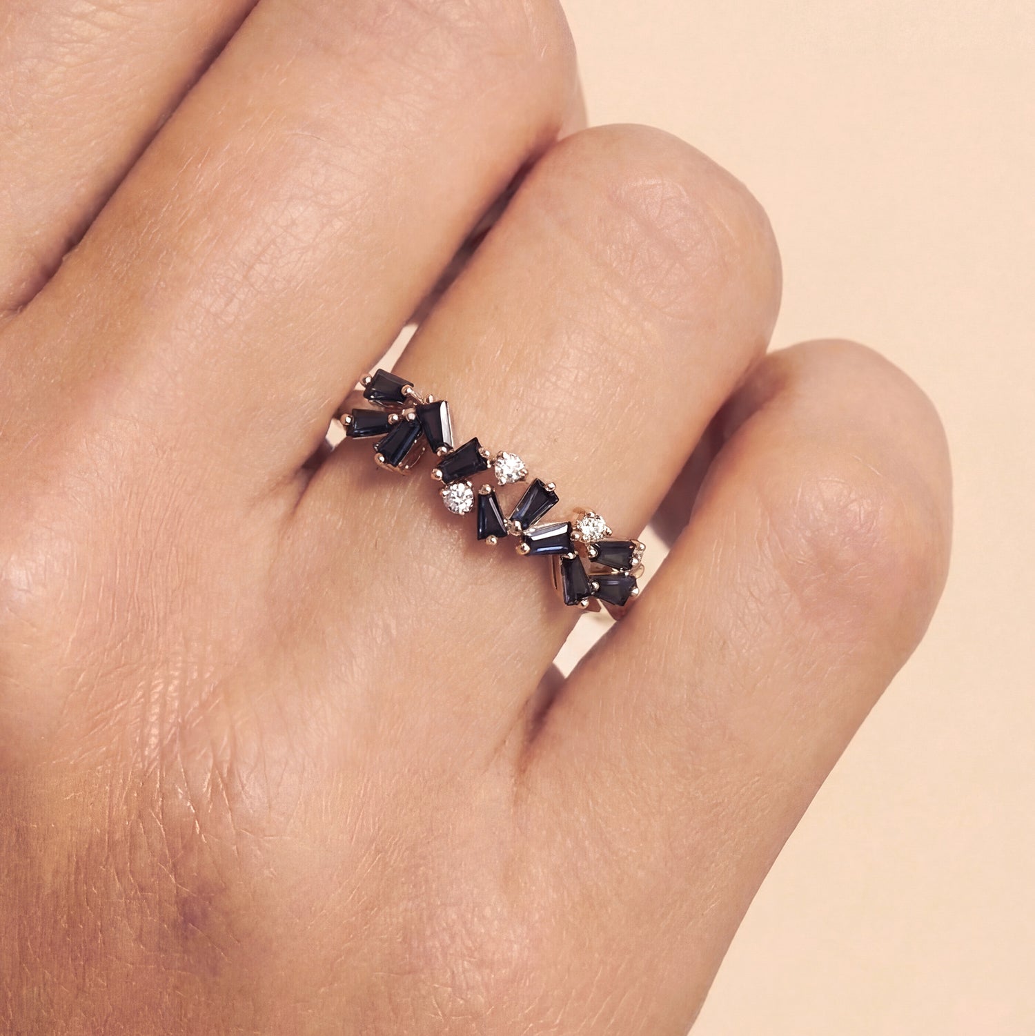 Natural Blue Sapphire and Diamond Band Ring in 18K White Gold - JewelryAndStore