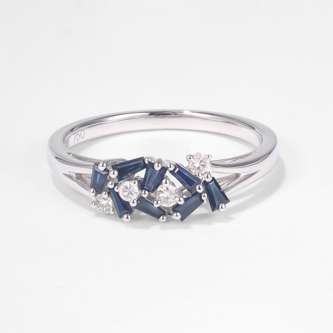 Natural Blue Sapphire Diamond Cluster Ring in 18K White Gold - JewelryAndStore