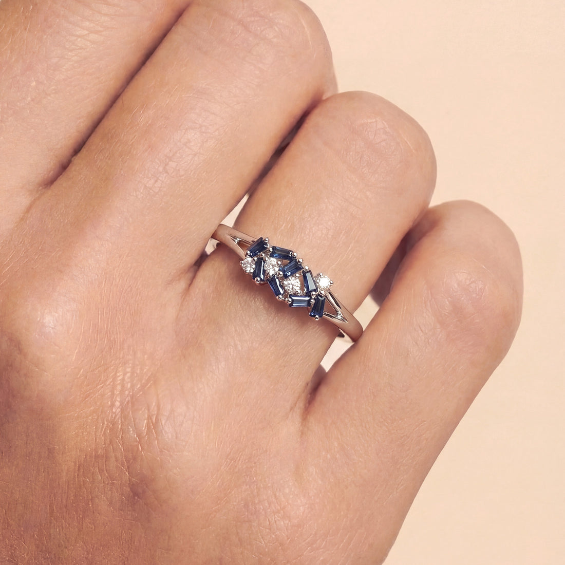 Natural Blue Sapphire Diamond Cluster Ring in 18K White Gold - JewelryAndStore
