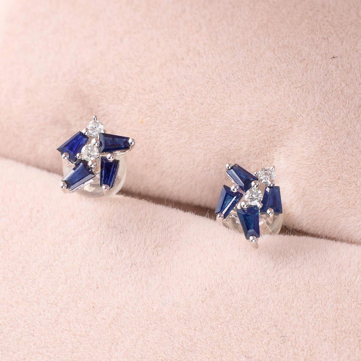 18K Gold Cluster Stud Earrings with Natural Diamonds &amp; Sapphires