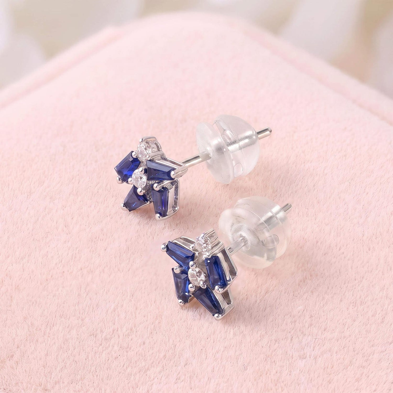 18K Gold Cluster Stud Earrings with Natural Diamonds &amp; Sapphires