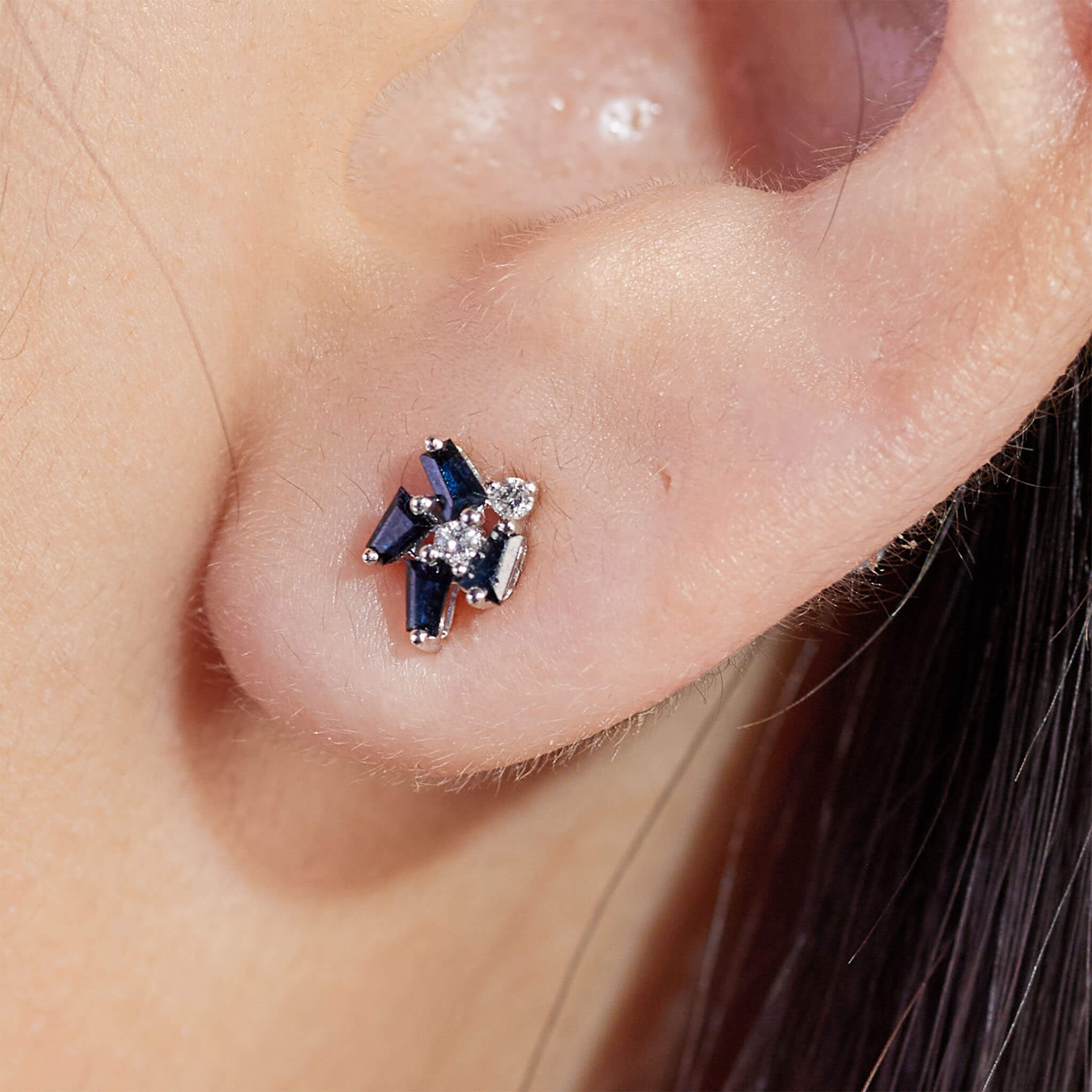 18K Gold Cluster Stud Earrings with Natural Diamonds &amp; Sapphires