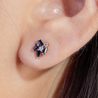 18K Gold Cluster Stud Earrings with Natural Diamonds &amp; Sapphires