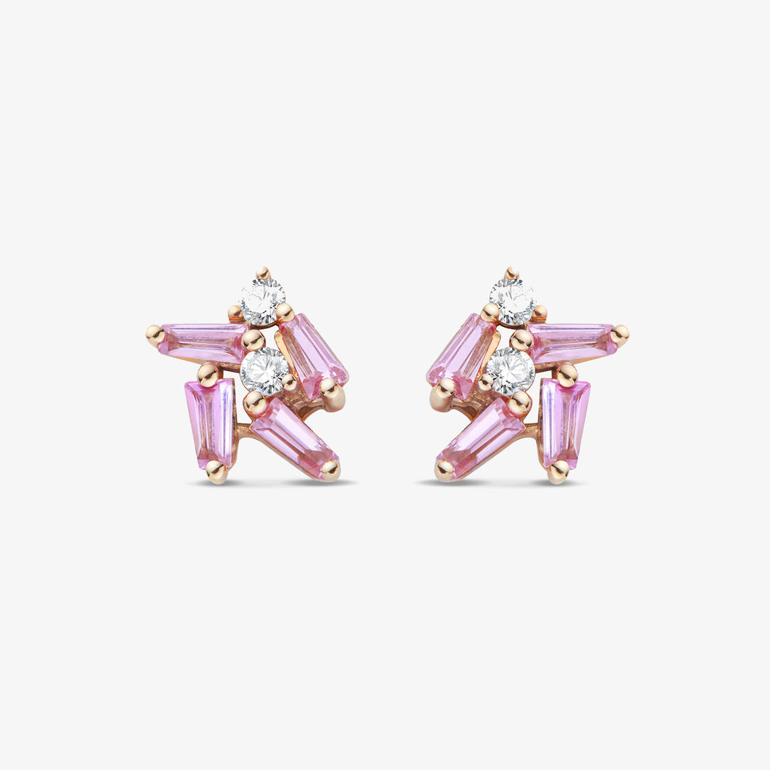 18K Gold Cluster Earring Studs with Natural Diamonds &amp; Pink Sapphires