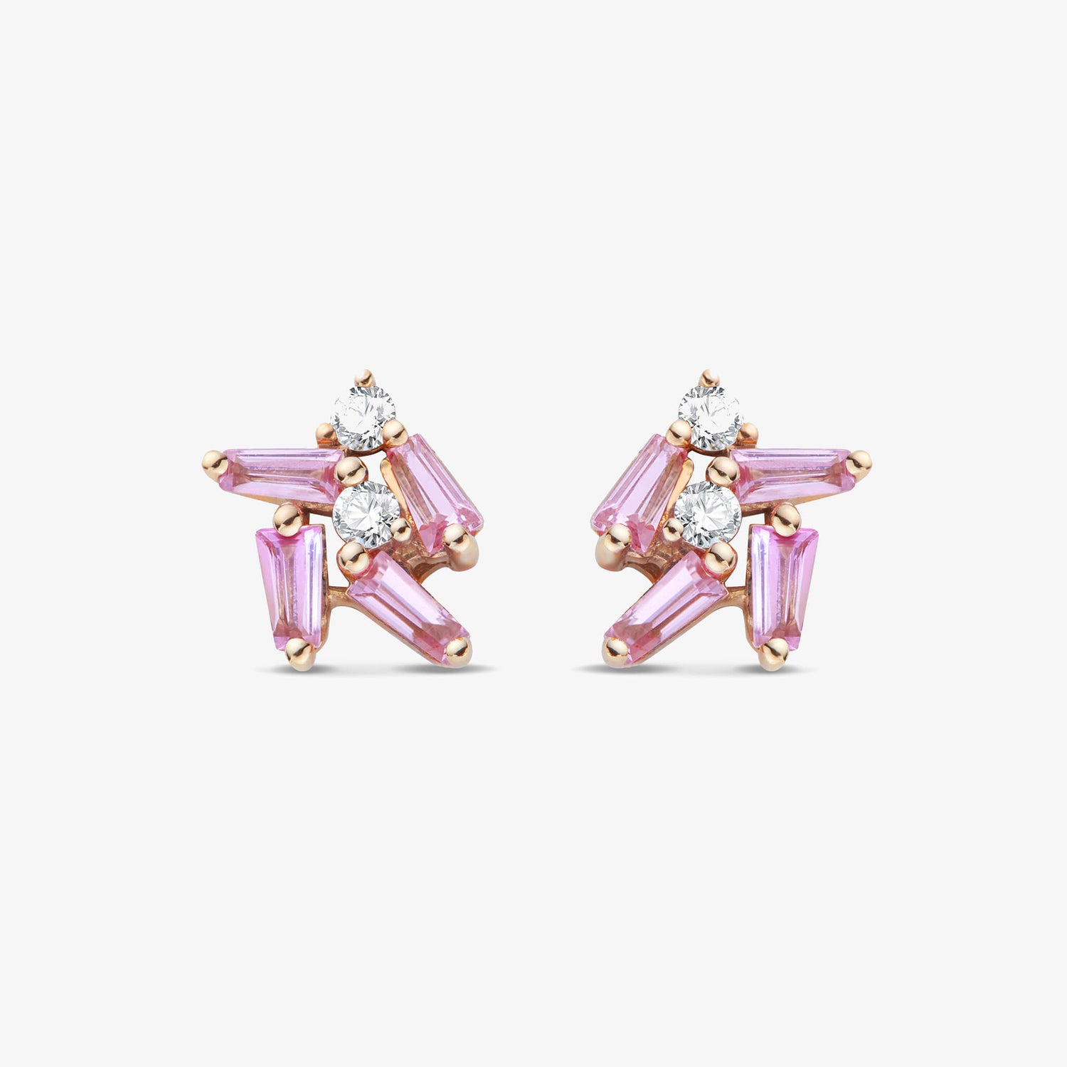18K Gold Cluster Earring Studs with Natural Diamonds &amp; Pink Sapphires