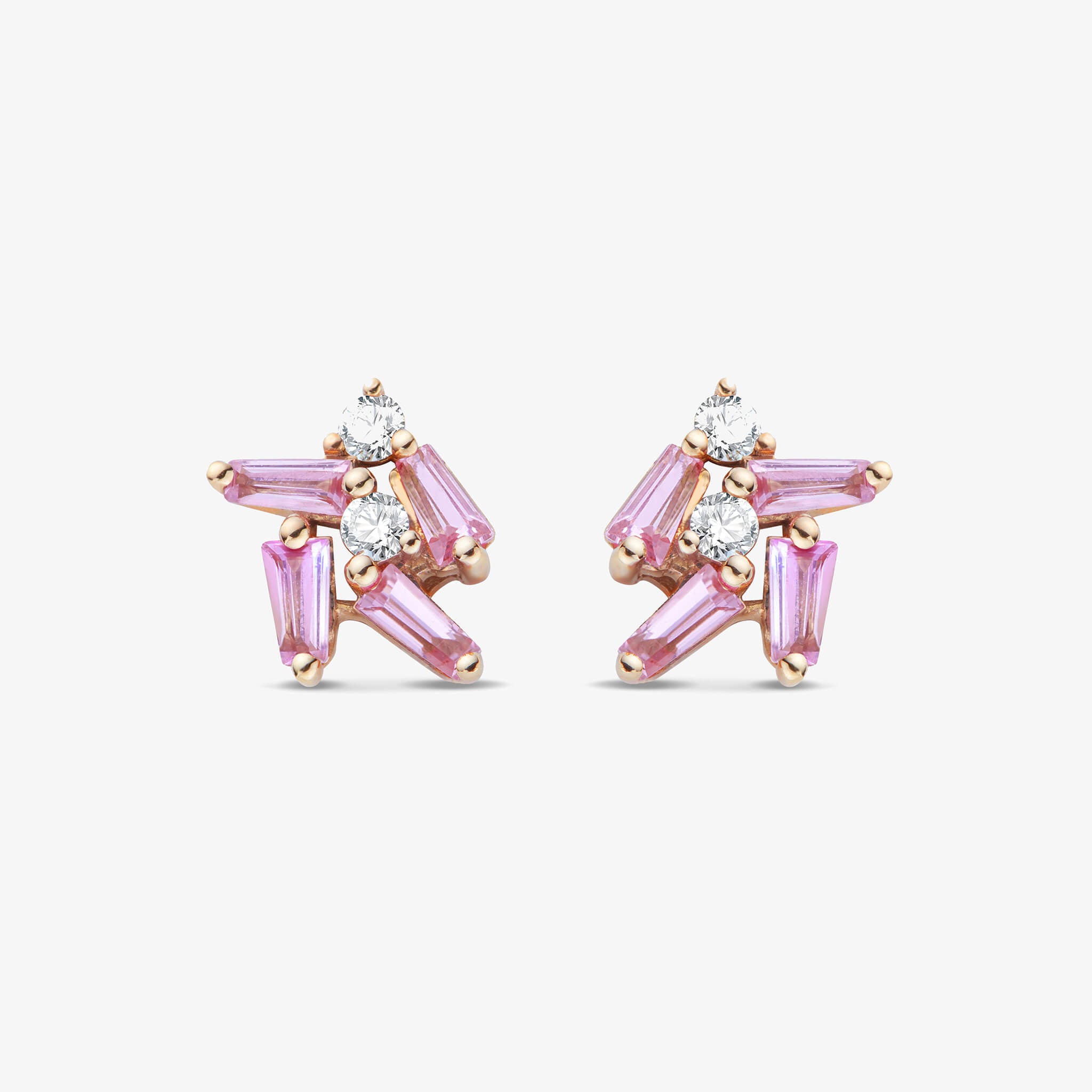 18K Gold Cluster Earring Studs with Natural Diamonds &amp; Pink Sapphires