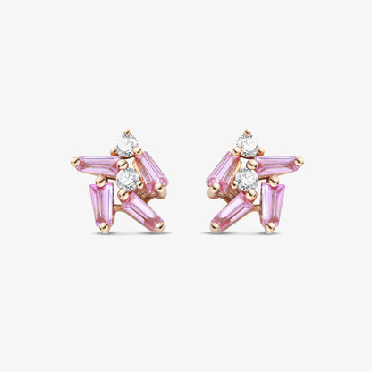 18K Gold Cluster Earring Studs with Natural Diamonds &amp; Pink Sapphires