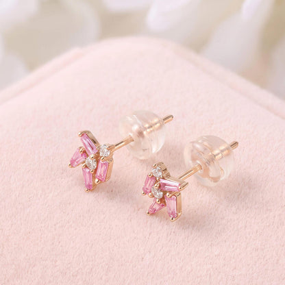 18K Gold Cluster Earring Studs with Natural Diamonds &amp; Pink Sapphires