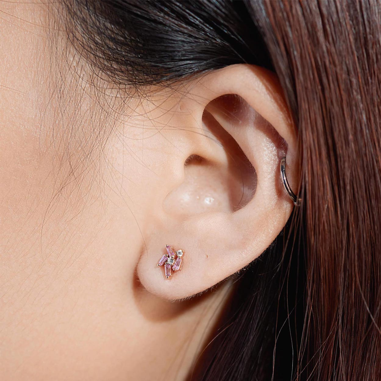 18K Gold Cluster Earring Studs with Natural Diamonds &amp; Pink Sapphires