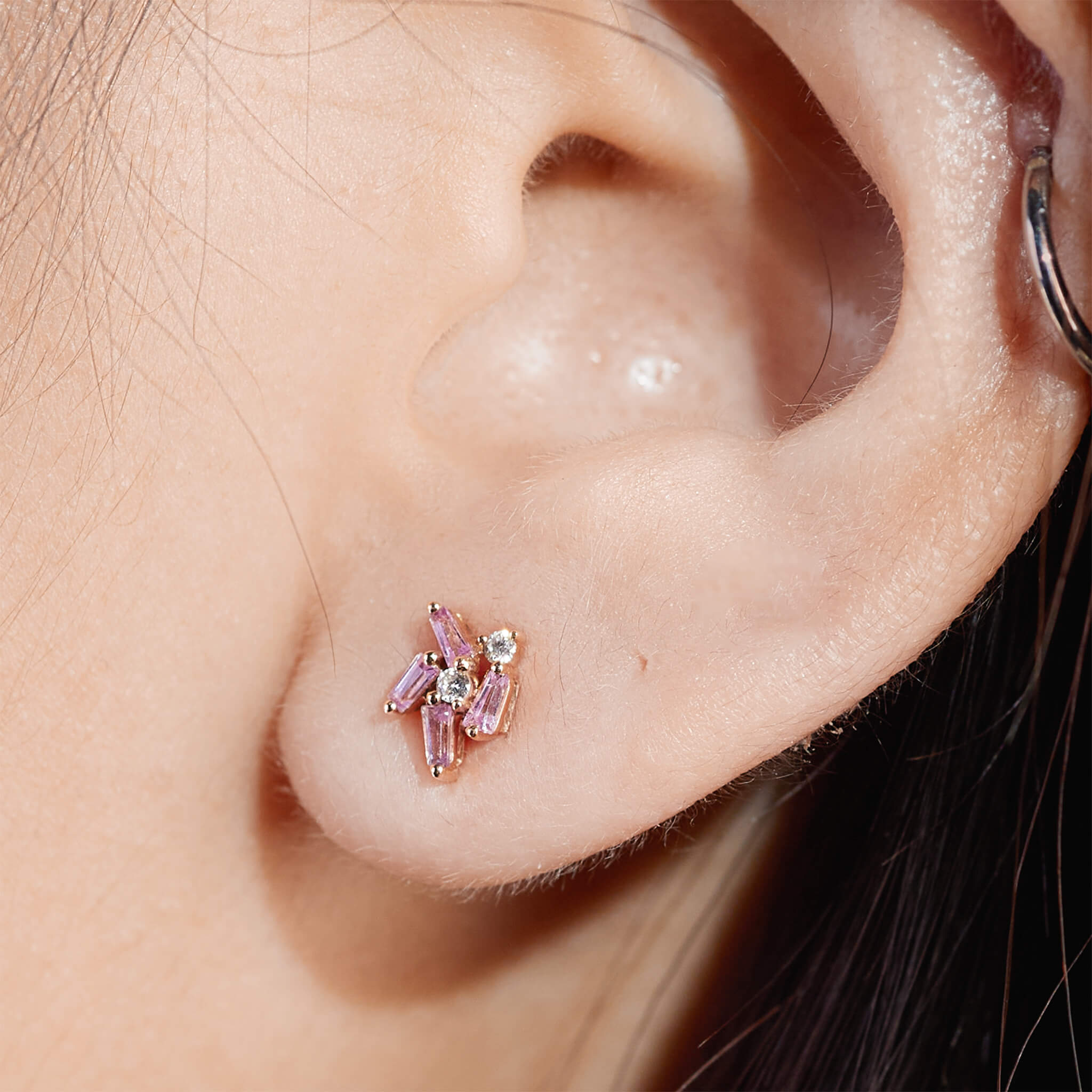 18K Gold Cluster Earring Studs with Natural Diamonds &amp; Pink Sapphires