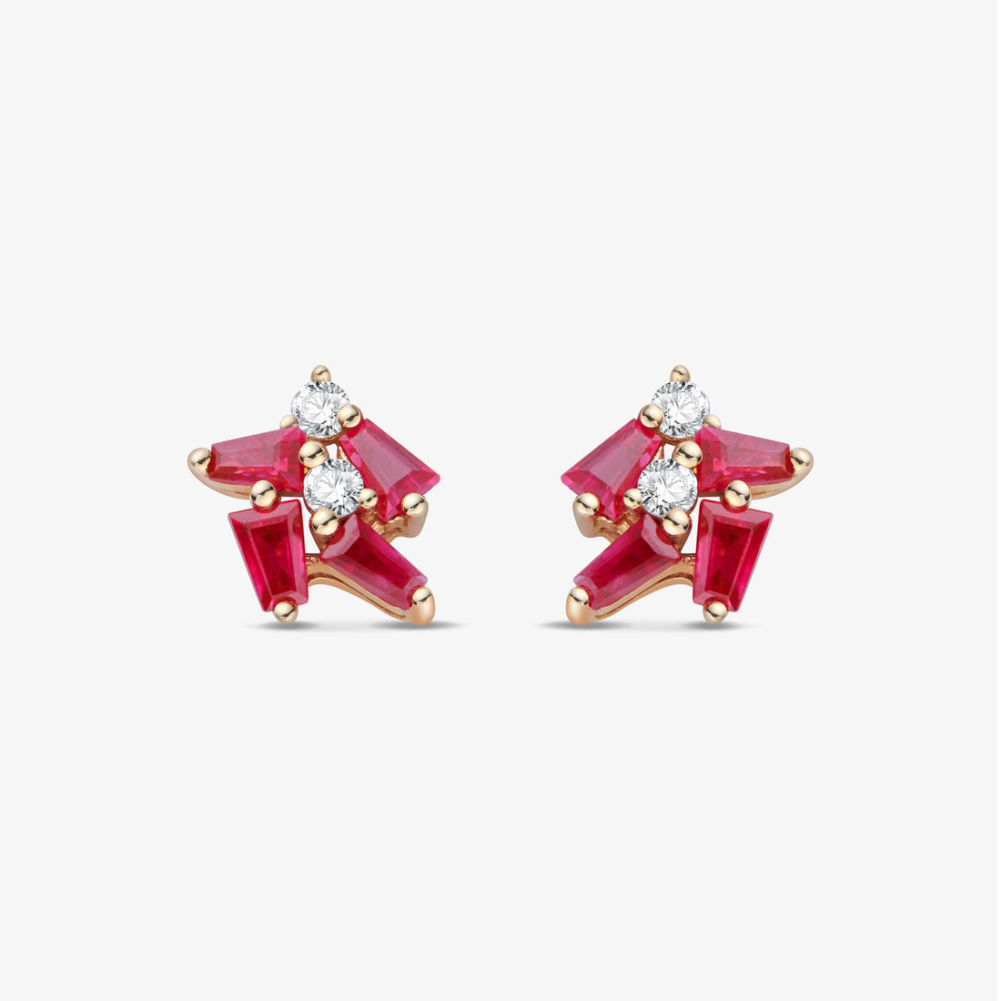 18K Gold Cluster Earring Studs with Natural Diamond &amp; Ruby