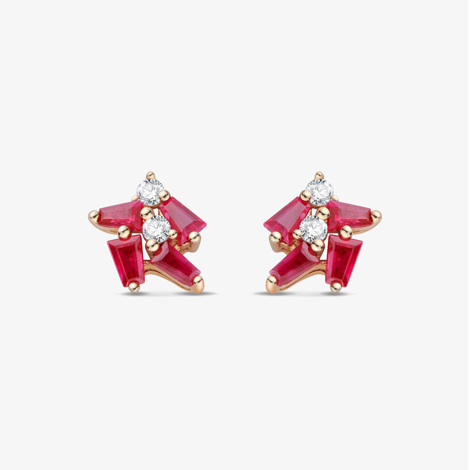 18K Gold Cluster Earring Studs with Natural Diamond &amp; Ruby