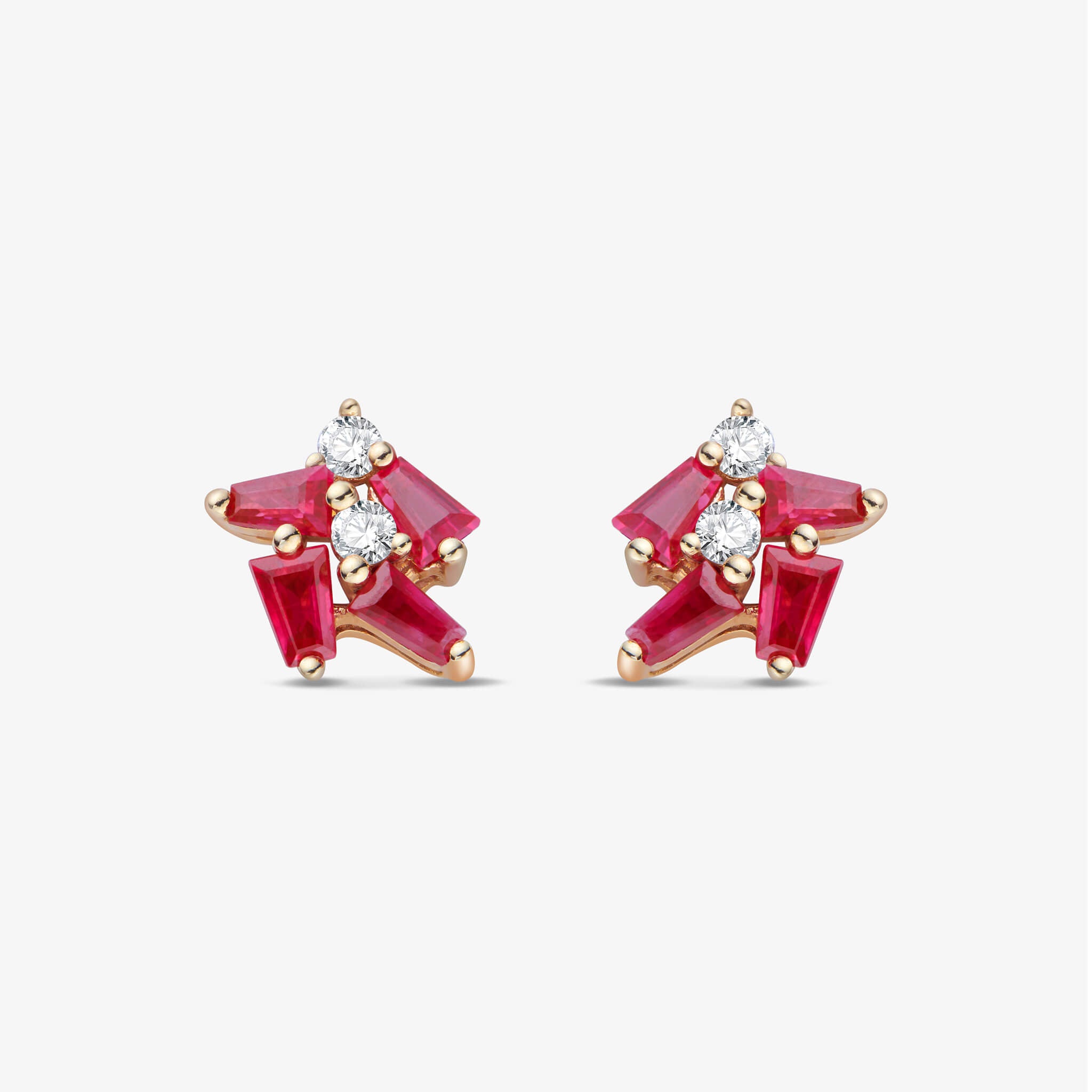 18K Gold Cluster Earring Studs with Natural Diamond &amp; Ruby