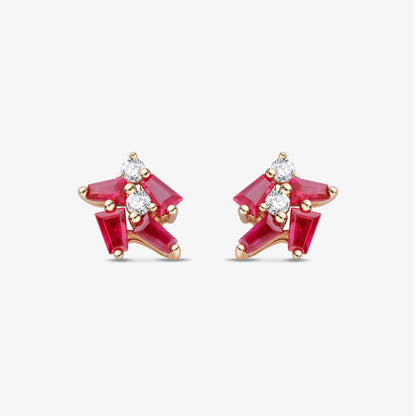 18K Gold Cluster Earring Studs with Natural Diamond &amp; Ruby