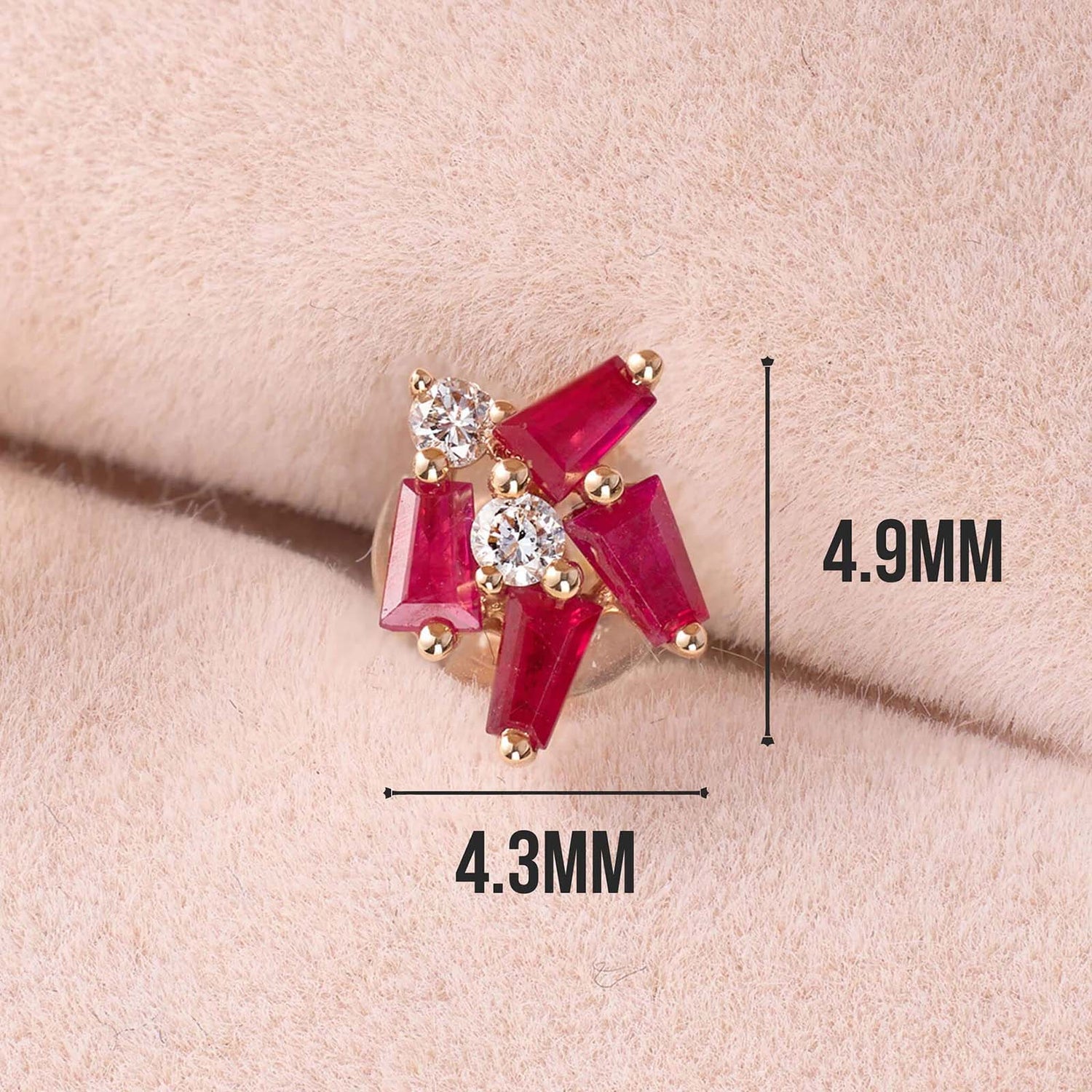 18K Gold Cluster Earring Studs with Natural Diamond &amp; Ruby