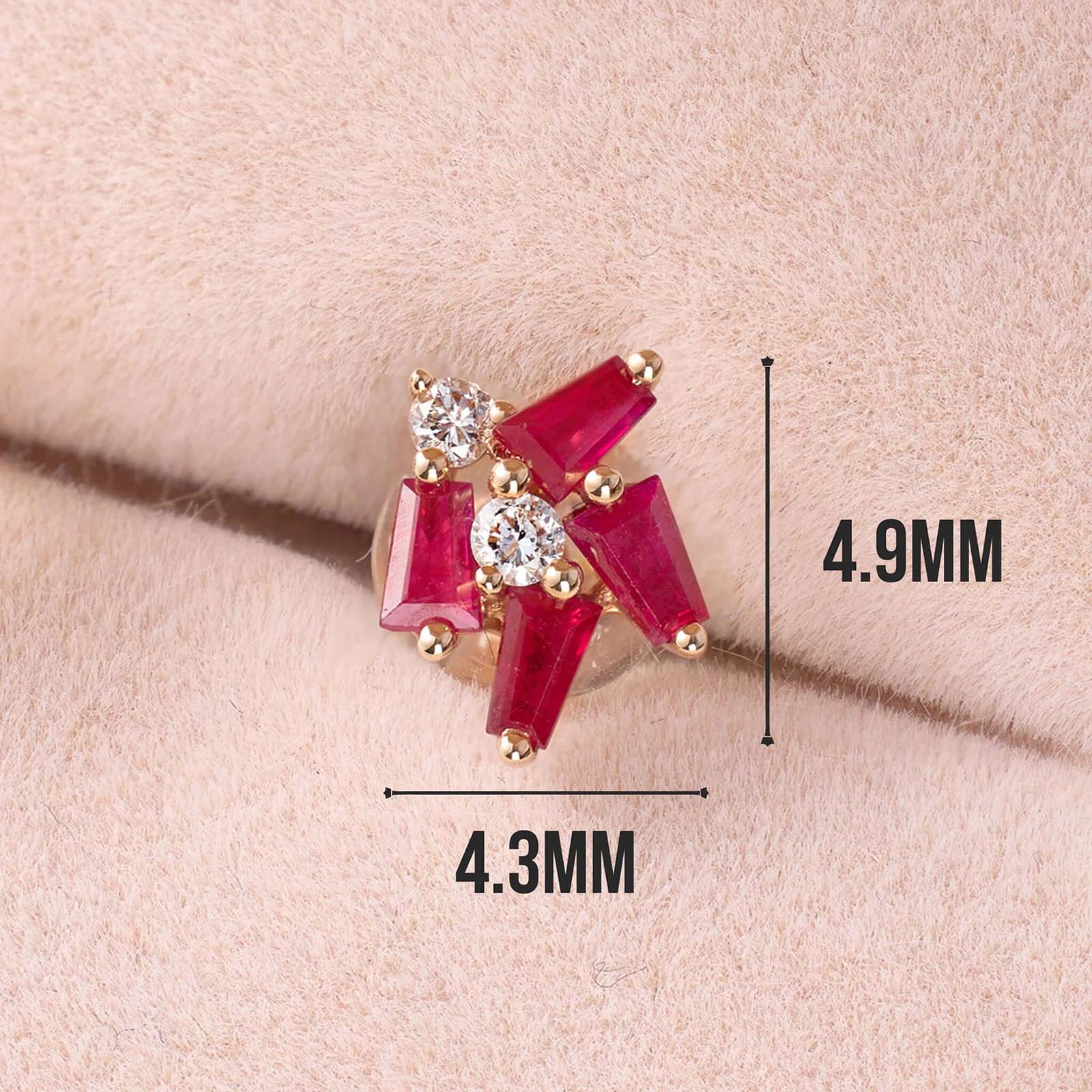 18K Gold Cluster Earring Studs with Natural Diamond &amp; Ruby