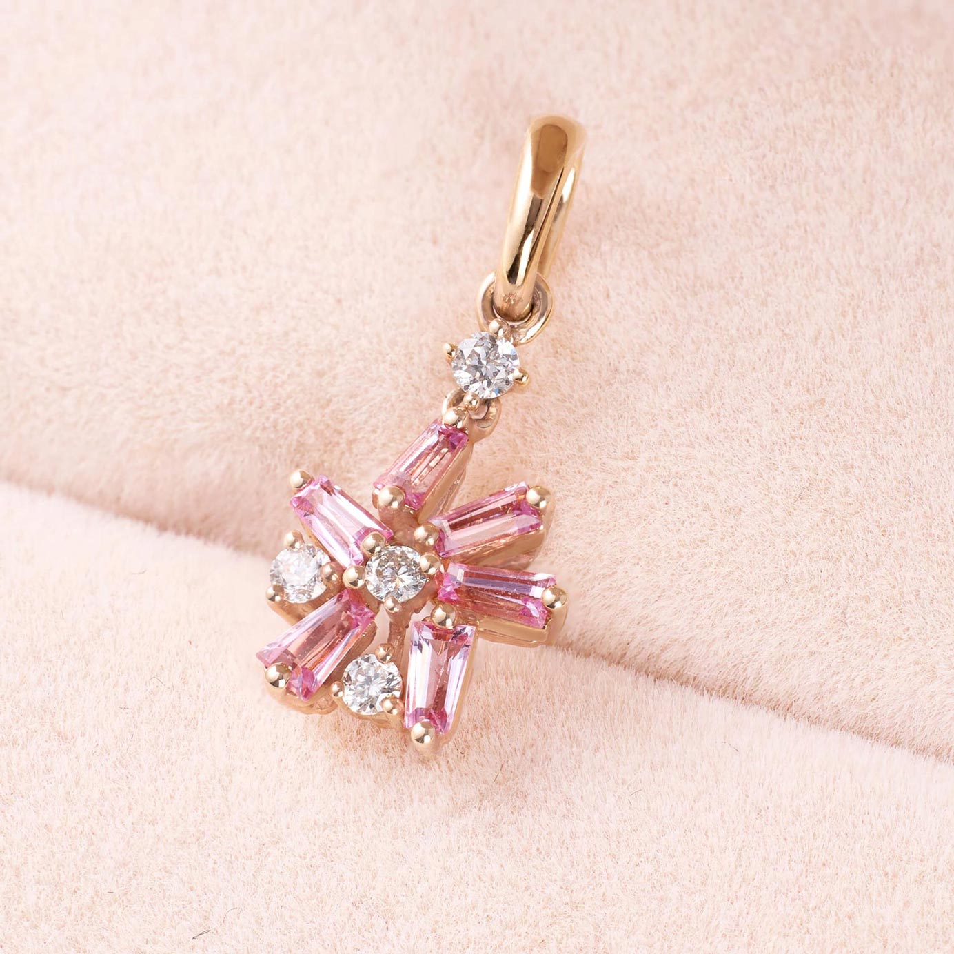 18K Gold Snowflakes Pendant with Diamonds &amp; Pink Sapphires