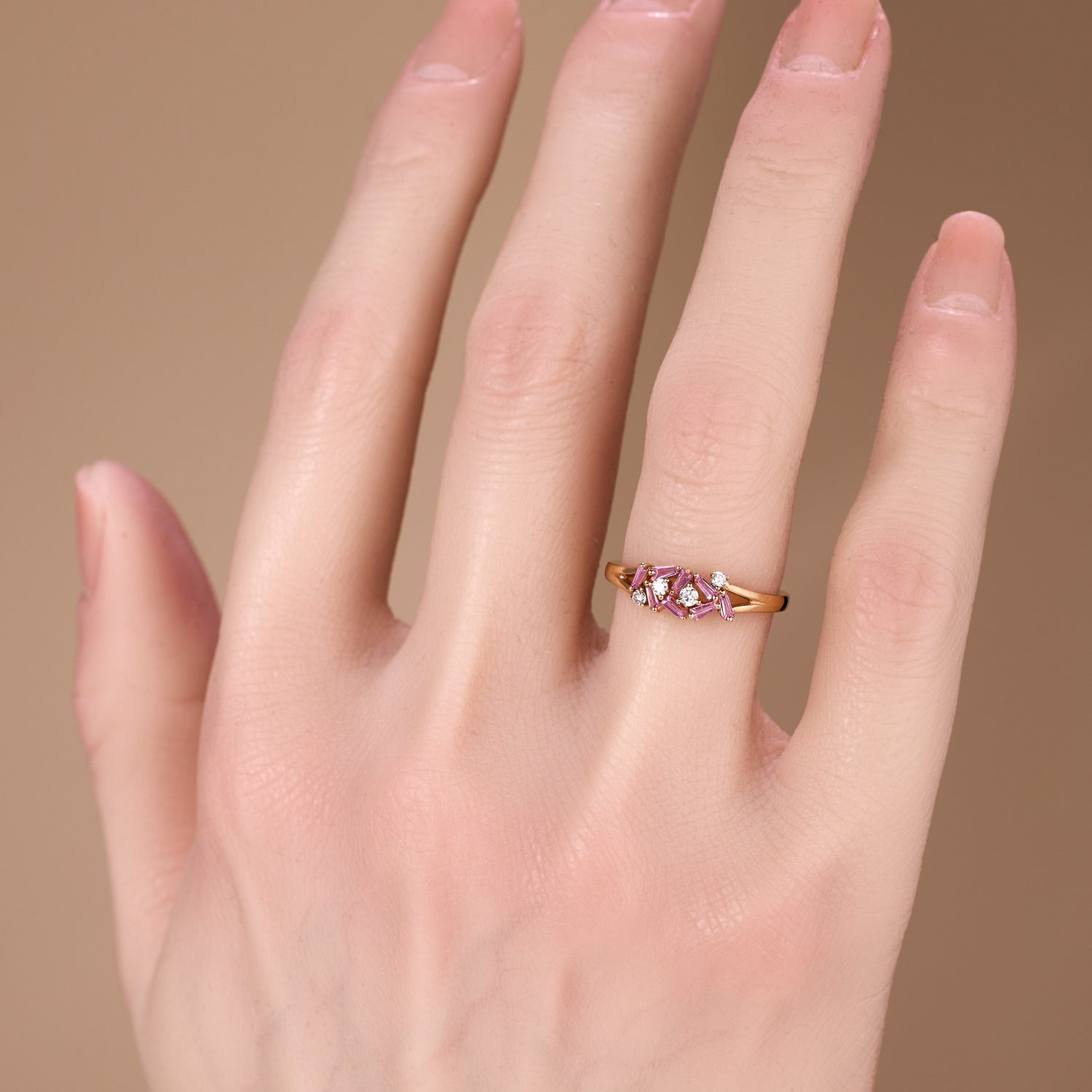 Diamond &amp; Pink Sapphire Band Ring in 18K Gold