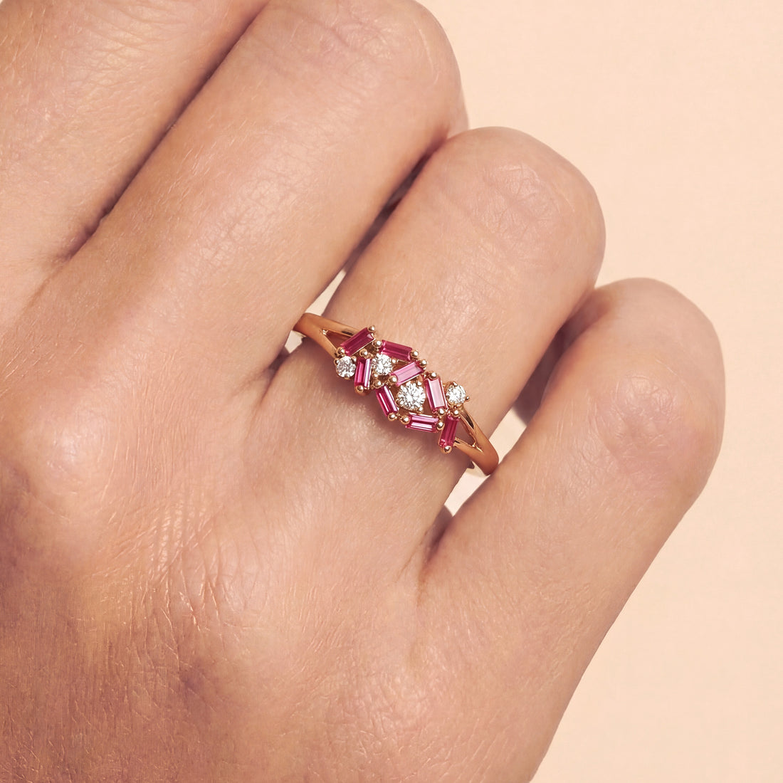 Natural Ruby and Diamond Cluster Ring in 18K Rose Gold - JewelryAndStore