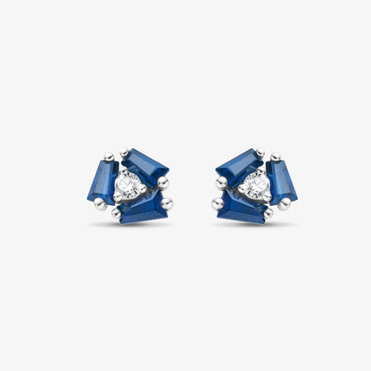 18K Gold Cluster Earring Studs with Natural Diamonds &amp; Blue Sapphires
