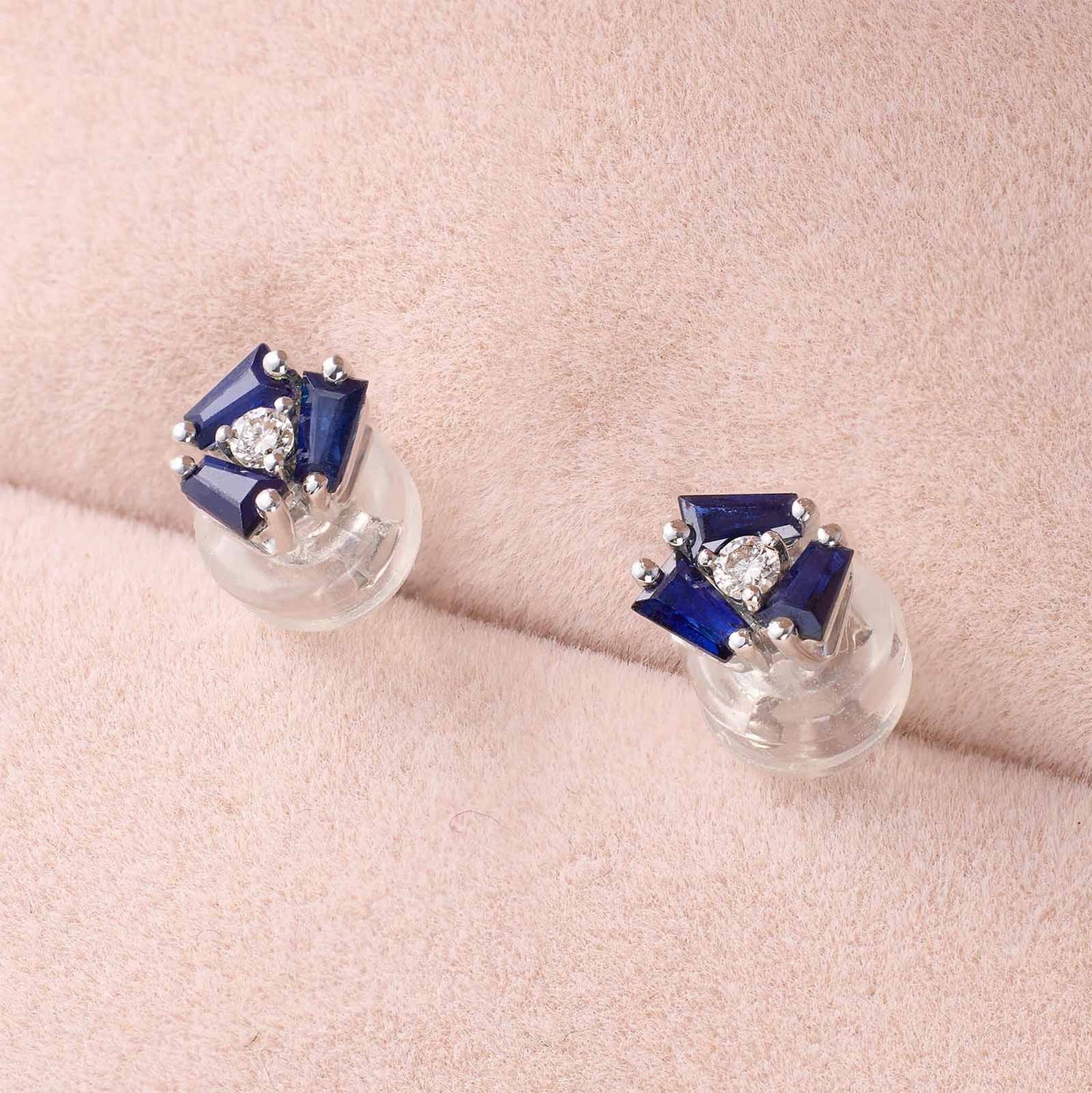 18K Gold Cluster Earring Studs with Natural Diamonds &amp; Blue Sapphires