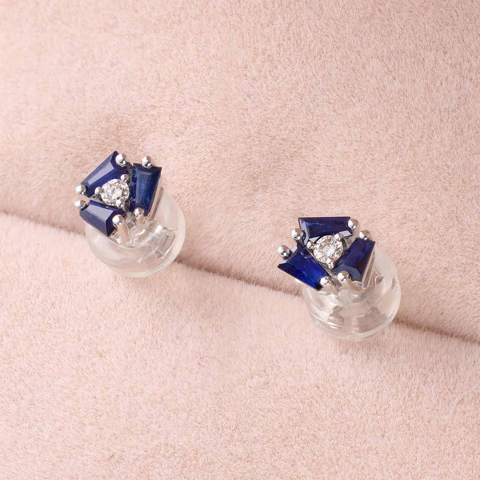 18K Gold Cluster Earring Studs with Natural Diamonds &amp; Blue Sapphires