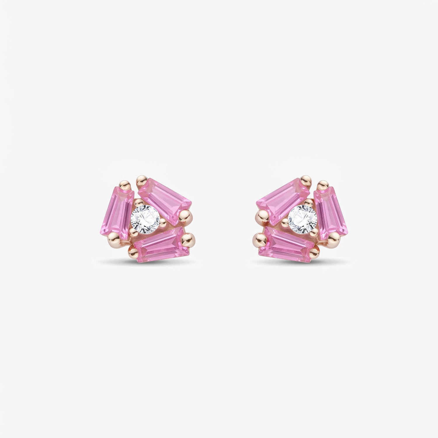 18K Gold Cluster Earring Studs with Natural Diamonds &amp; Pink Sapphires