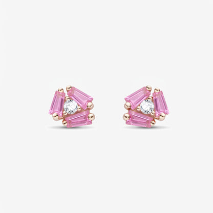 18K Gold Cluster Earring Studs with Natural Diamonds &amp; Pink Sapphires