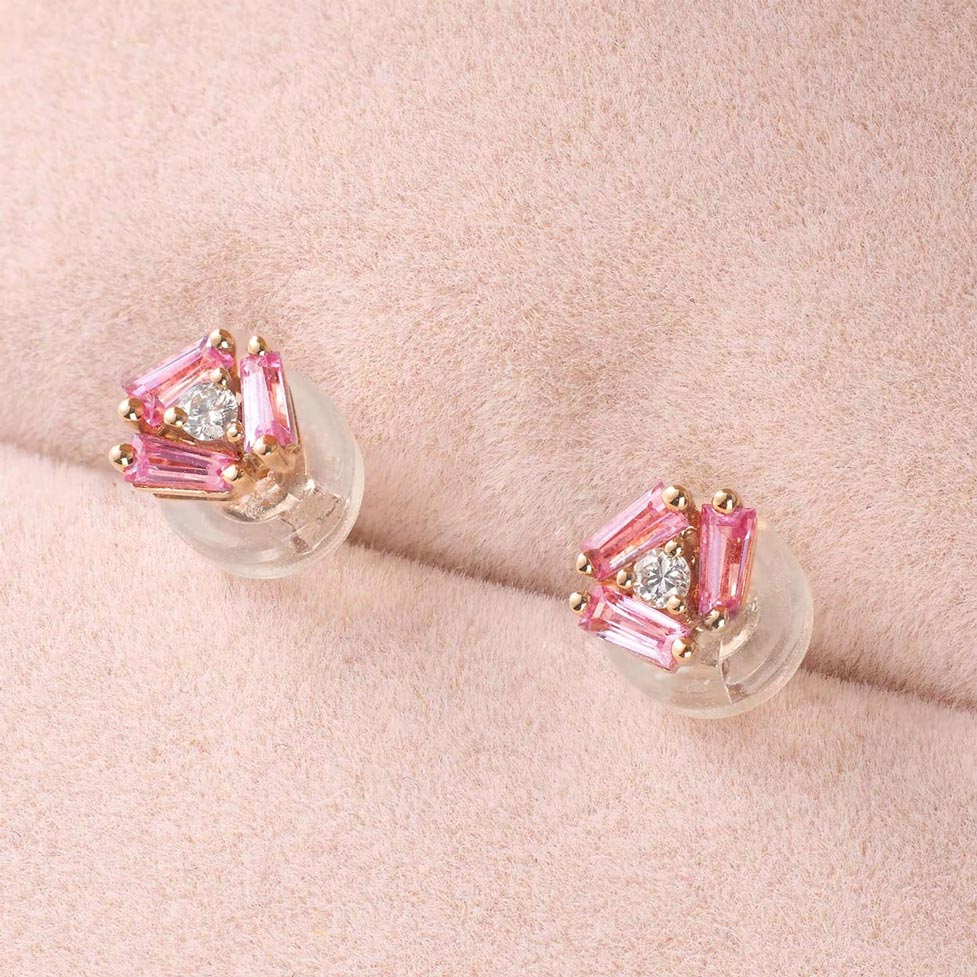 18K Gold Cluster Earring Studs with Natural Diamonds &amp; Pink Sapphires
