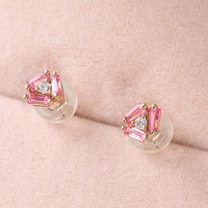 18K Gold Cluster Earring Studs with Natural Diamonds &amp; Pink Sapphires