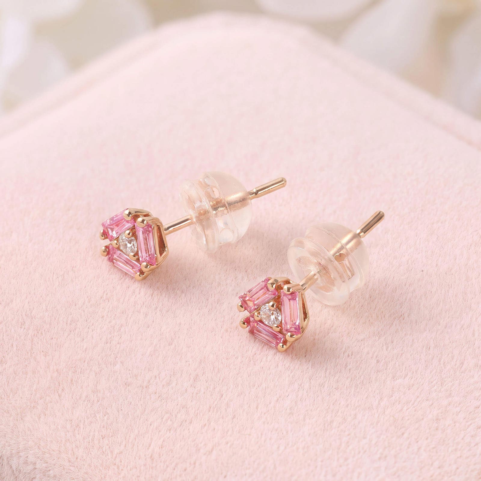 18K Gold Cluster Earring Studs with Natural Diamonds &amp; Pink Sapphires