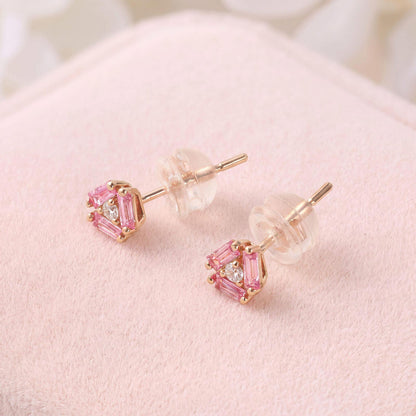 18K Gold Cluster Earring Studs with Natural Diamonds &amp; Pink Sapphires