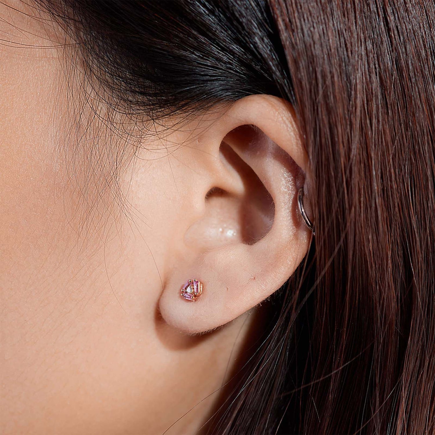 18K Gold Cluster Earring Studs with Natural Diamonds &amp; Pink Sapphires