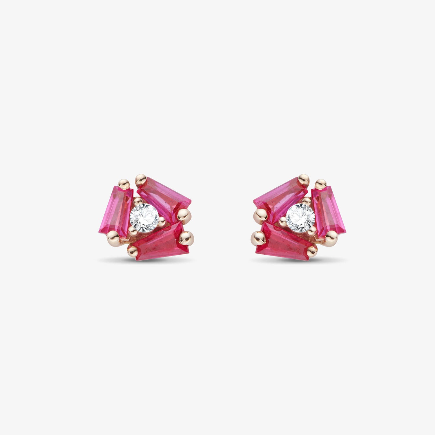 18K Gold Cluster Earring Studs with Natural Diamond &amp; Ruby