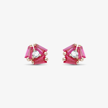 18K Gold Cluster Earring Studs with Natural Diamond &amp; Ruby
