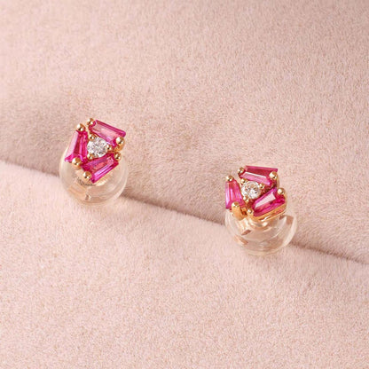 18K Gold Cluster Earring Studs with Natural Diamond &amp; Ruby