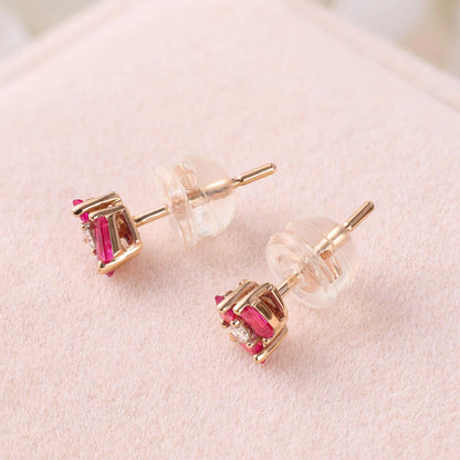 18K Gold Cluster Earring Studs with Natural Diamond &amp; Ruby