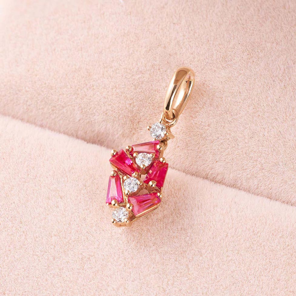 18K Gold Cluster Pendant with Diamonds &amp; Ruby