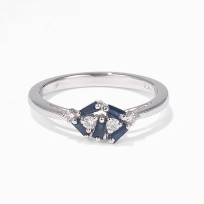 Natural Blue Sapphire and Diamond Geometric Ring in 18K White Gold - JewelryAndStore