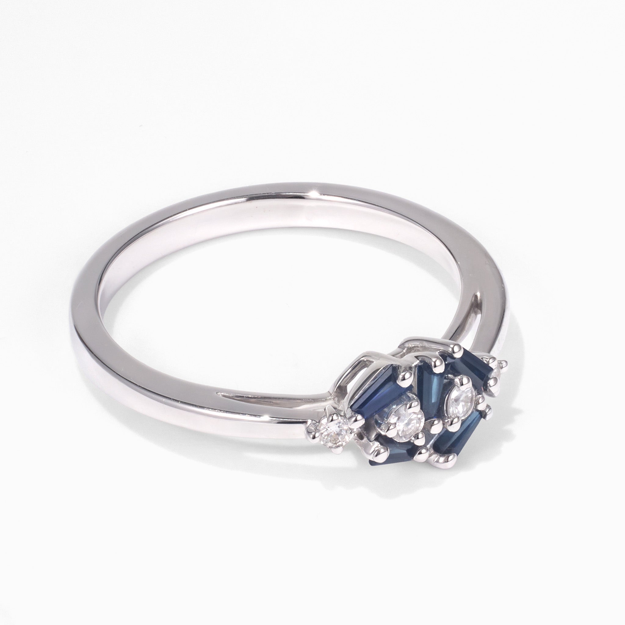 Natural Blue Sapphire and Diamond Geometric Ring in 18K White Gold - JewelryAndStore