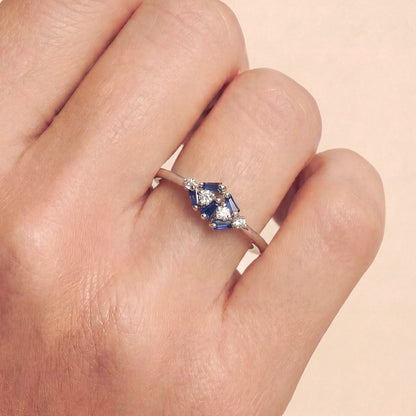 Natural Blue Sapphire and Diamond Geometric Ring in 18K White Gold - JewelryAndStore