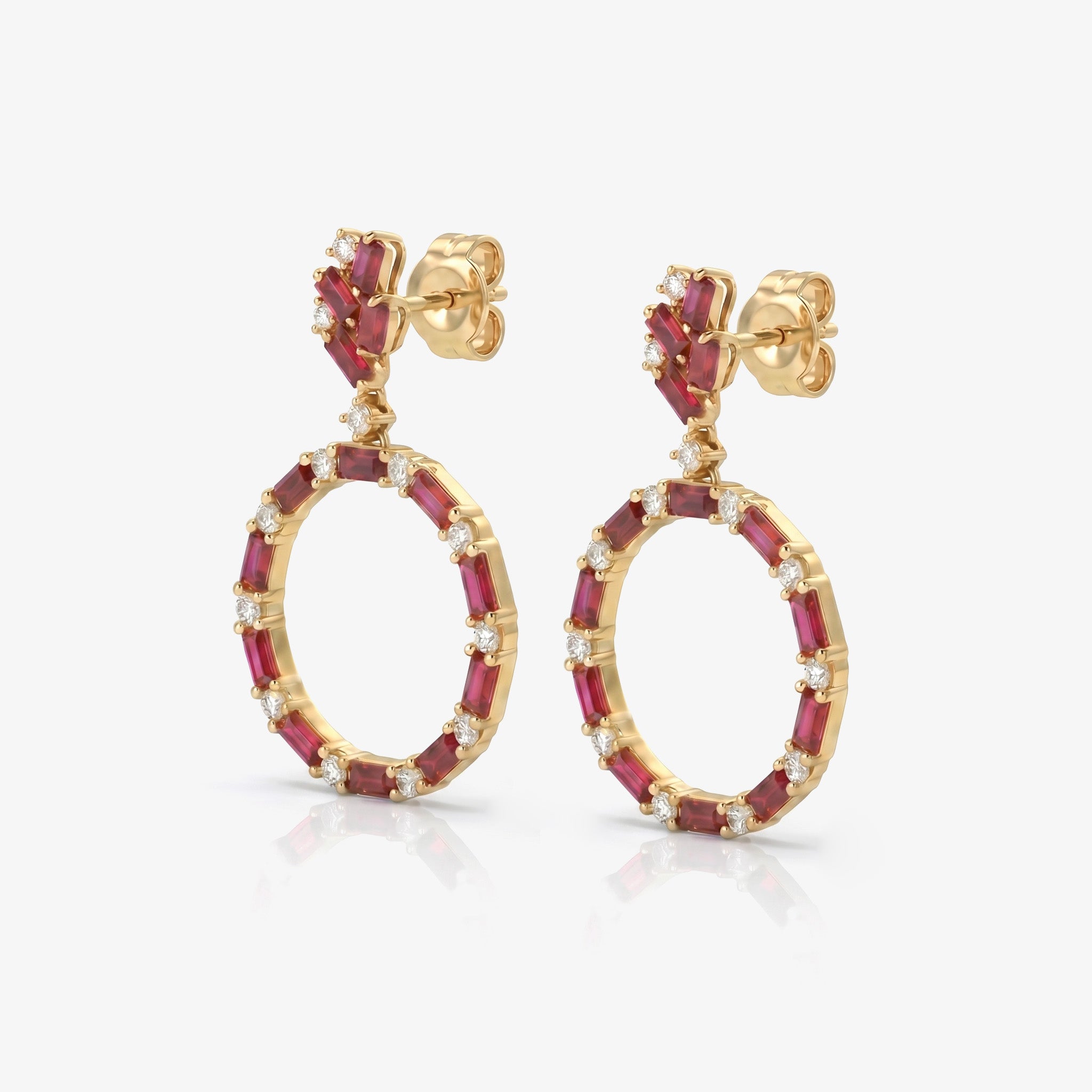 Natural Ruby and Diamond Stud Drop Earrings in 18K Yellow Gold - JewelryAndStore